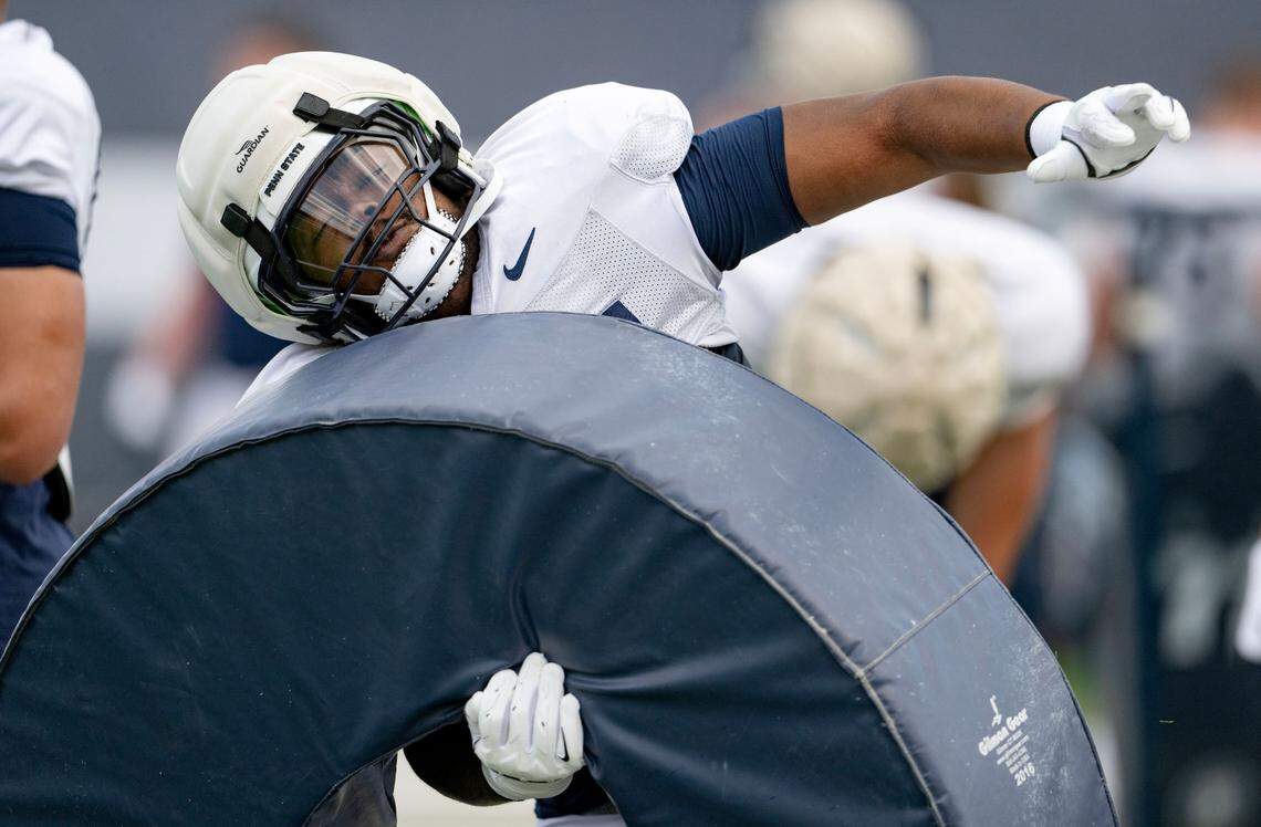Penn State offensive lineman J’ven Williams runs a drill during spring practice on Wednesday, April 23, 2025.  