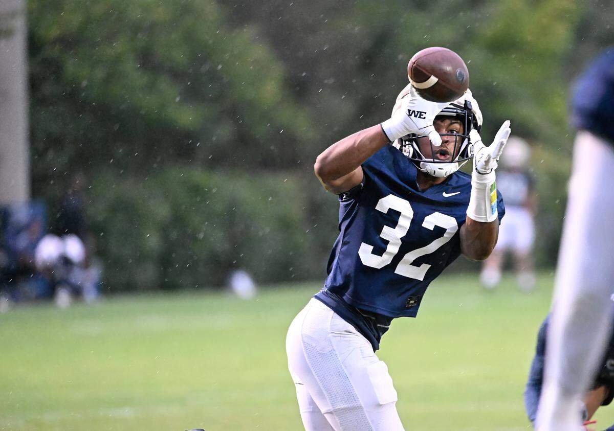 Penn State linebacker Keon Wylie makes a catch during Penn State’s open football practice at the Lasch practice field Saturday, Aug. 12, 2023.