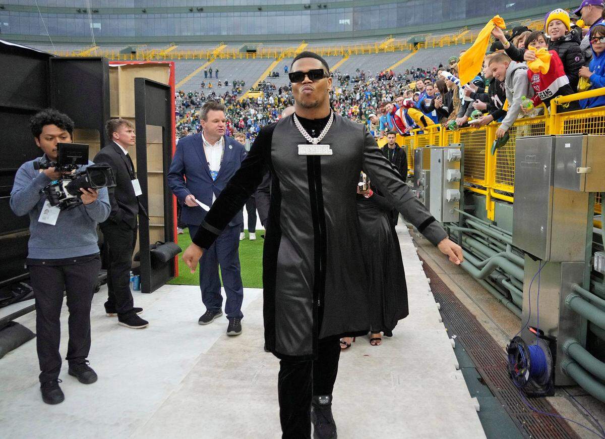NFL draft prospect, Abdul Carter of Penn State, during the NFL Draft Red Carpet event at Lambeau Field in Green Bay on Thursday, April 24, 2025.