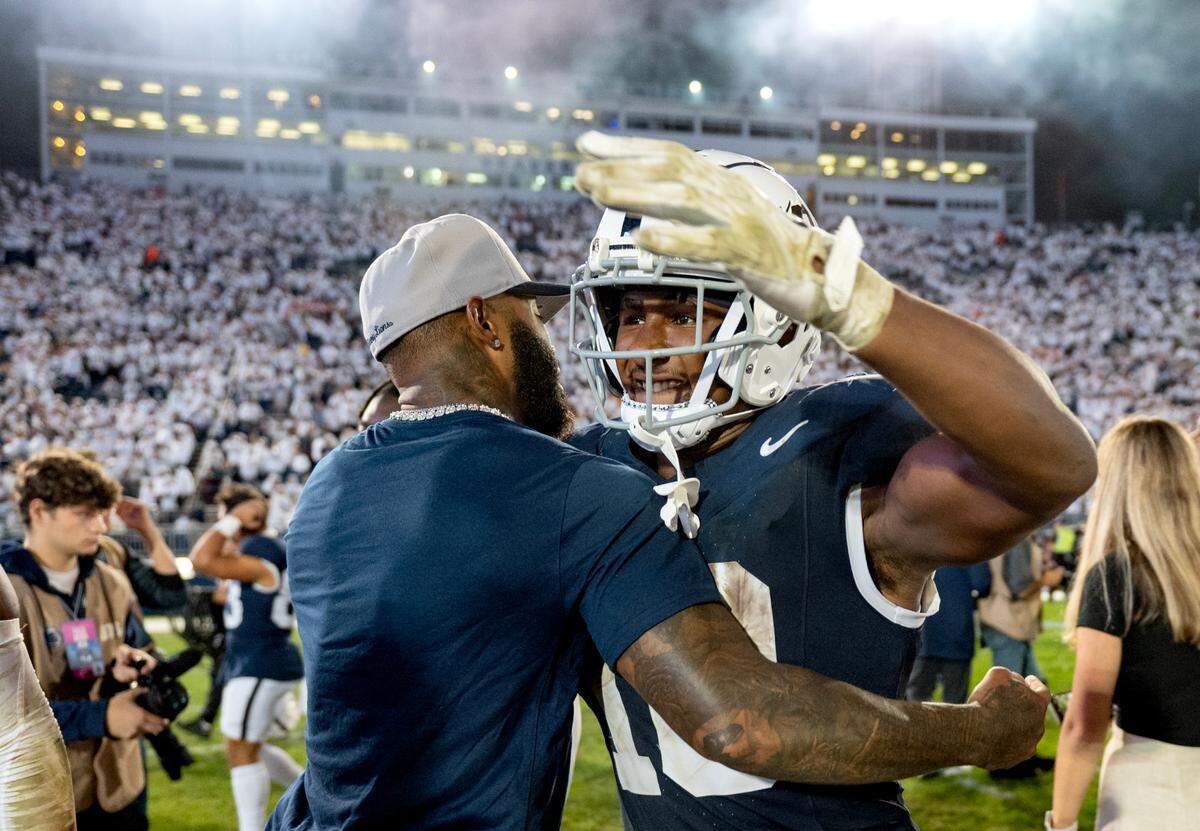 Penn State running back Nick Singleton celebrates the win over Illinois on Saturday, Sept. 28, 2024.