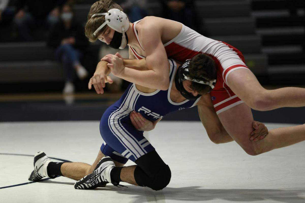 Penns Valley’s Nate Long looks for a takedown on Bellefonte’s Gage Long in their 138-pound match on Thursday. Nate Long was the victor with a 7-6 finish as the Rams fell to the Red Raiders 43-15.