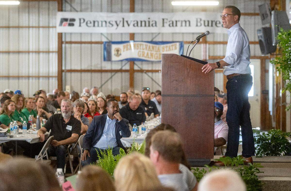 Pennsylvania Gov. Josh Shapiro speaks at the Penn State Ag Progress Days on Wednesday, Aug. 9, 2023.