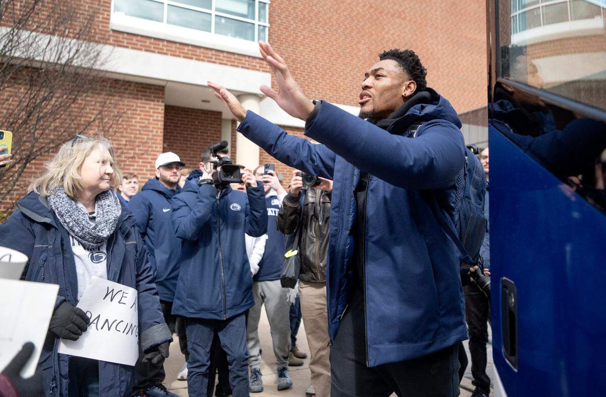 Penn State’s Jalen Pickett thanks fans as he and the team leave for the NCAA Tournament on Tuesday, March 14, 2023.