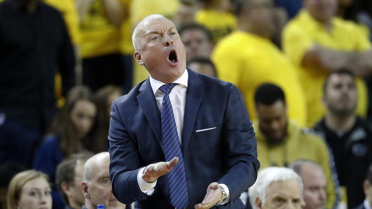 Penn State coach Pat Chambers argues a call in the second half of an NCAA college basketball game against Michigan in Ann Arbor, Mich., Thursday, Jan. 3, 2019. (AP Photo/Paul Sancya)