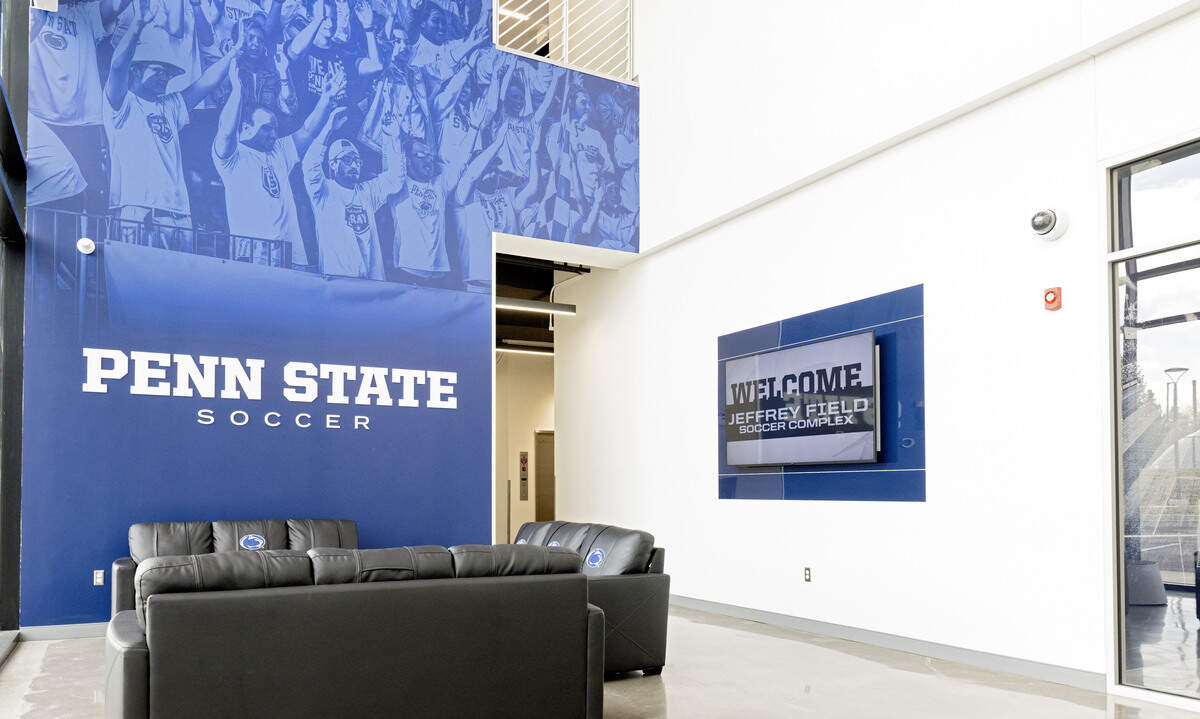 The lobby of the newly finished Jeffrey Field Soccer Complex for the Penn State soccer teams.