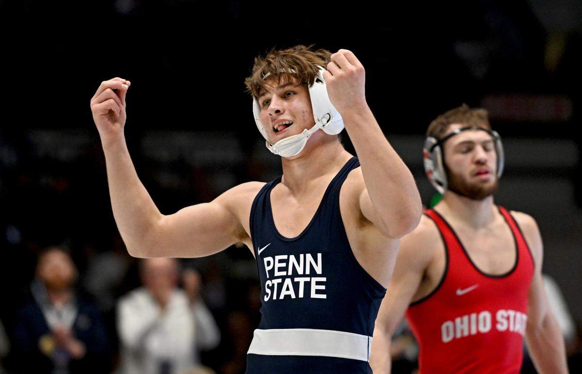 Penn State’s Tyler Kasak celebrates his win over Ohio State’s Dylan D’Emilio in the 149 lb bout during the match on Friday, Feb. 2, 2024 in Rec Hall.