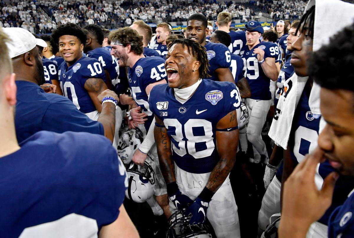 Penn State safety Lamont Wade celebrates the win over Memphis in the Cotton Bowl at AT&T Stadium in Arlington, TX on Saturday, Dec. 28, 2019.