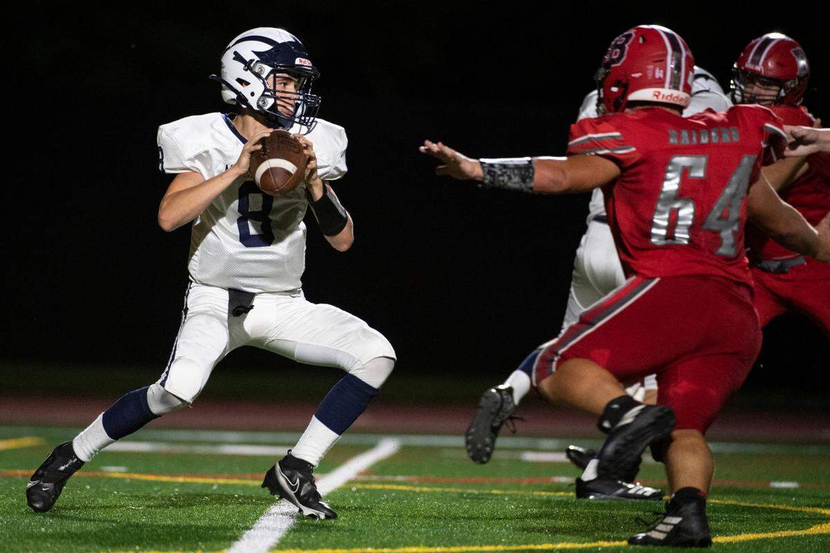 Philipsburg-Osceola’s Ben Gustkey looks for a pass during a game between Bellefonte Area High School and Philipsburg-Osceola High School on Friday, Sept. 3, 2021 in Bellefonte.