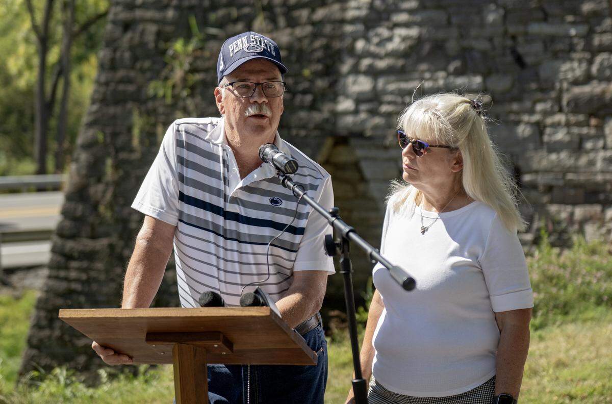 Robert Van Druff and Cynthia Dawson Van Druff speak about the importance of the Centre Furnace stack. The current renovation was made possible through their donation.