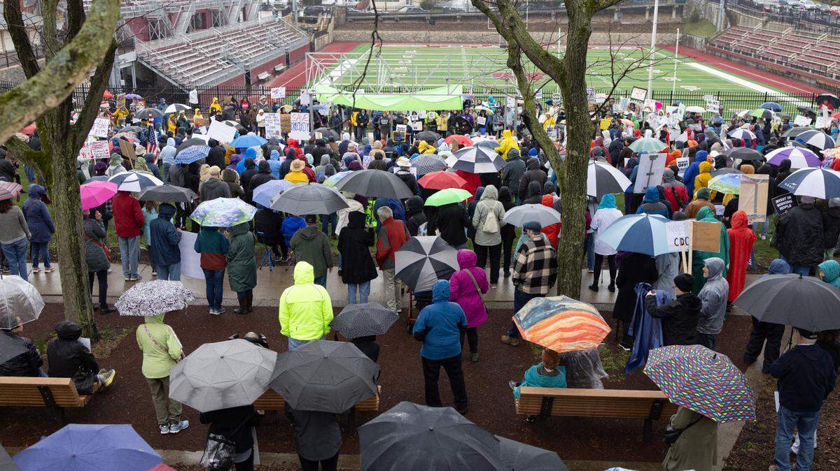 More than 500 people attended the “Hands Off!” rally at State College’s Sidney Friedman Park on April 5, in opposition of President Donald Trump. The event was part of a nationwide effort that saw more than 1,000 similar rallies held across all 50 states.