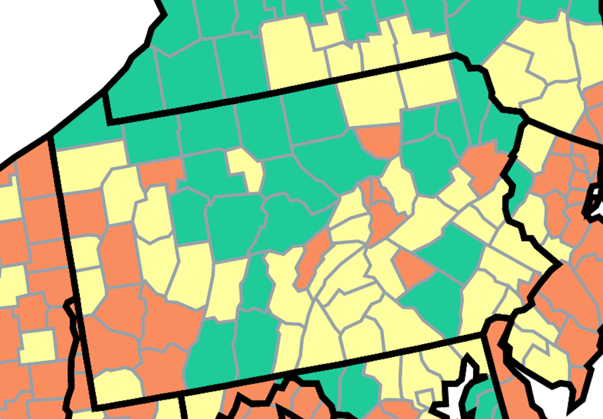 This map of Pennsylvania from the U.S. Centers for Disease Control and Prevention shows COVID-19 community levels as of Aug. 5, 2022. Orange counties are at a high level, yellow at medium and green at low.
