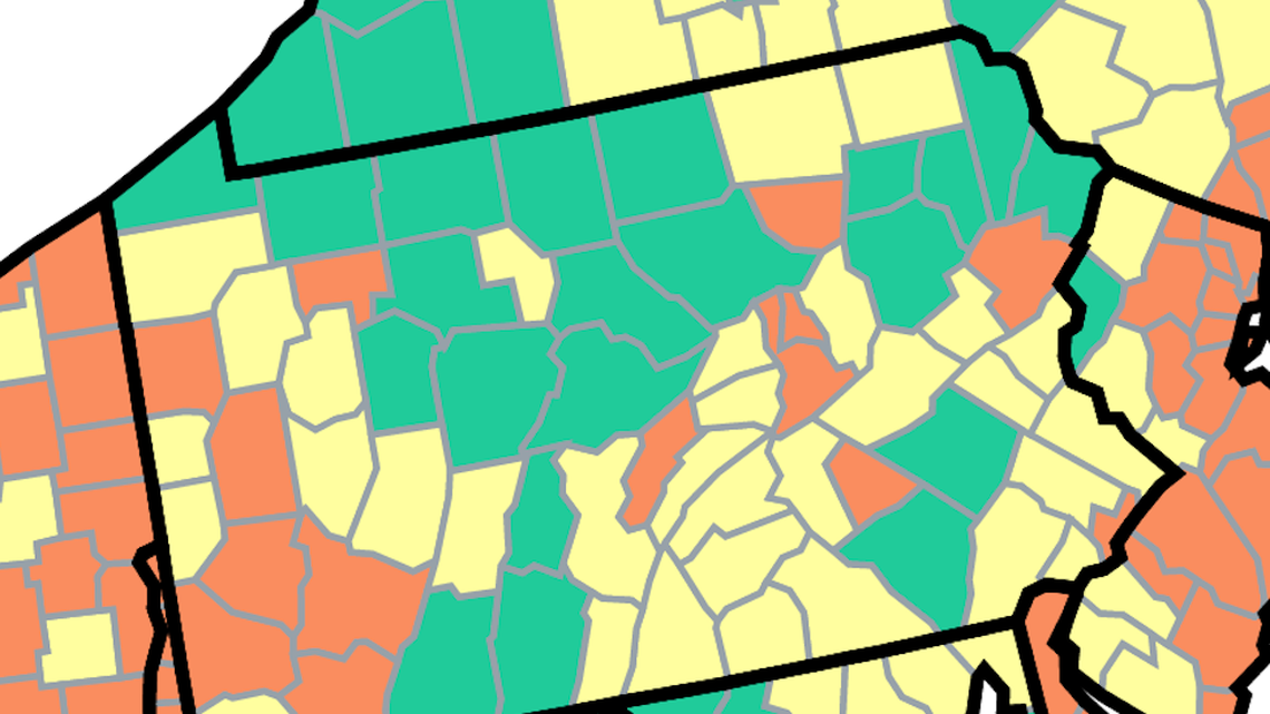 Centre County back at a low COVID community level. Here are the 14 PA counties at high