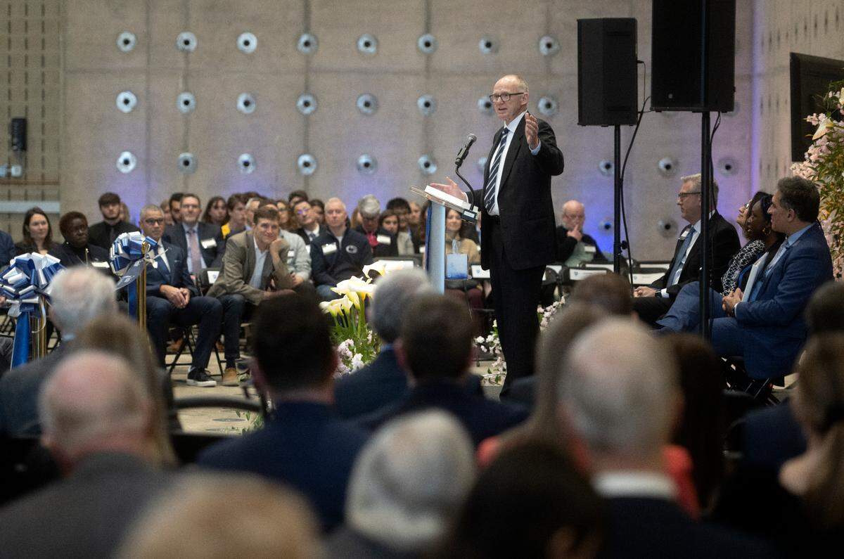 Acting Dean of Penn State College of Engineering Anthony Atchley speaks during the ribbon cutting and open house for the Engineering Design and Innovation Building on Friday, Feb. 24, 2023.