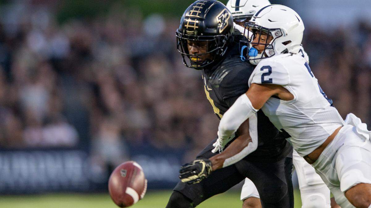 Penn State safety Keaton Ellis (2), from State College, defends Purdue wide receiver TJ Sheffield during the game Sept. 1, 2022, in West Lafayette, Ind.