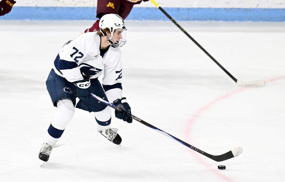 Penn State's Gavin McKenna skates with the puck during the game against Minnesota on Wednesday, March 11, 2026 at Pegula Ice Arena. 