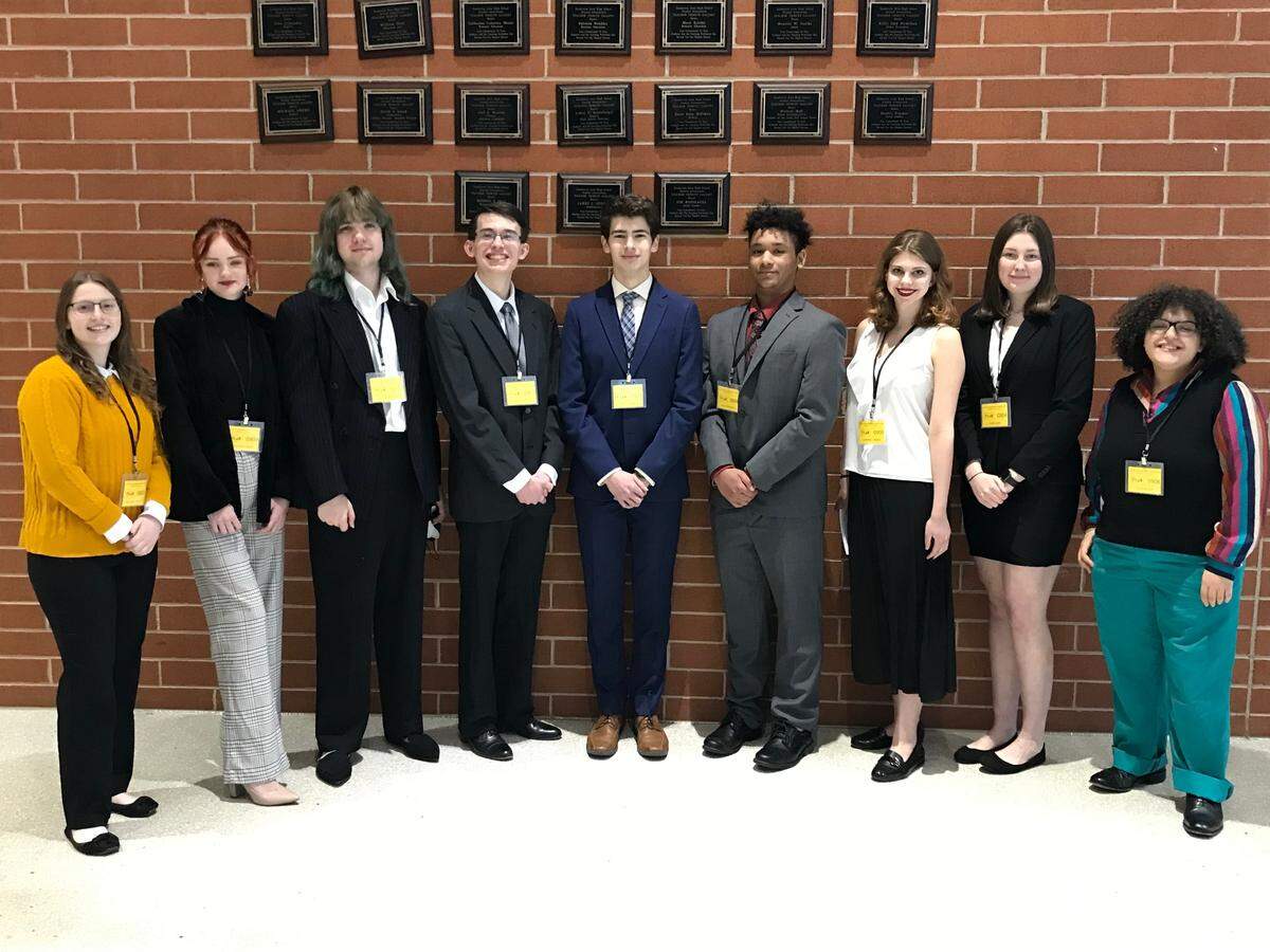 Penns Valley academic decathlon team at state finals, picutred left to right: Rayanne Witmer, Zoe Riggleman, Sam Ewaskiewicz, Andrew Ruoff, Jack O’Donald, Max Morrison, Corinne Vones, Emma Lake, and Jules Black