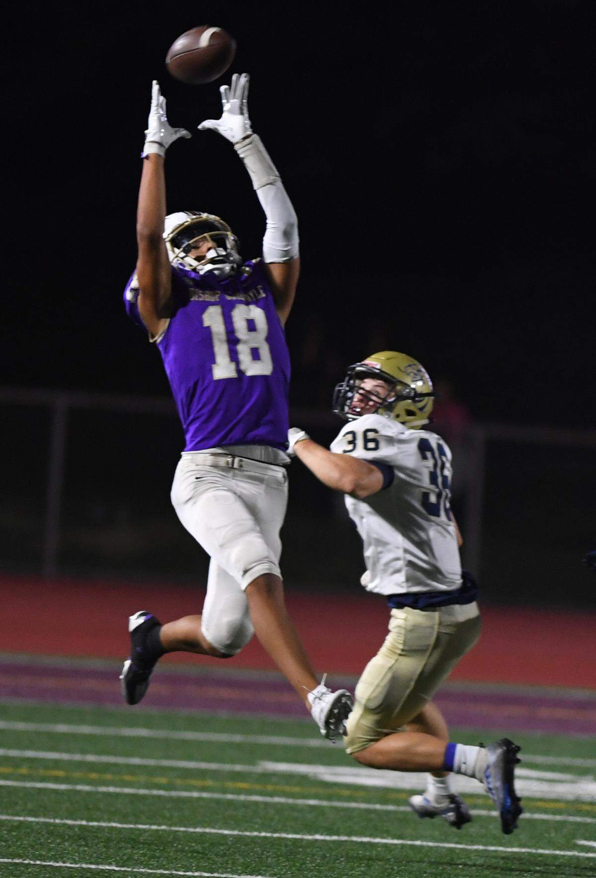Bald Eagle Area’s Carnell Noone (36) defends as Bishop Guilfoyle’s Hamilton Gates (18) pulls in a long reception in third quarter action Saturday at Altoona’s Mansion Park.