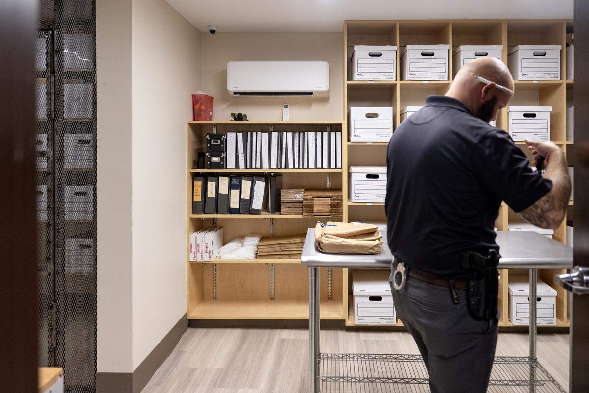 The evidence room at the Spring Township Police Department station on Wednesday, Sept. 10, 2025. Security cameras monitor the room that only the detective and chief have access to.  
