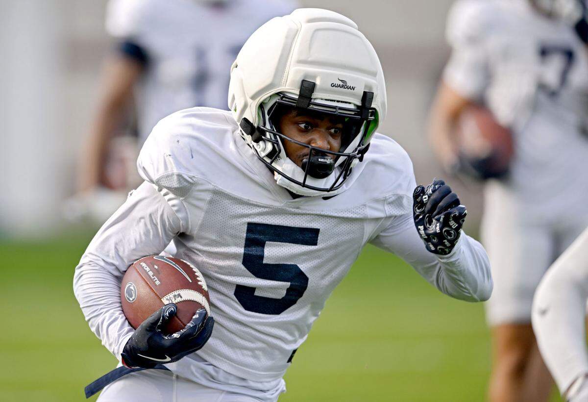 Penn State wide receiver Devonte Ross runs a drill during spring practice on Wednesday, April 23, 2025.  