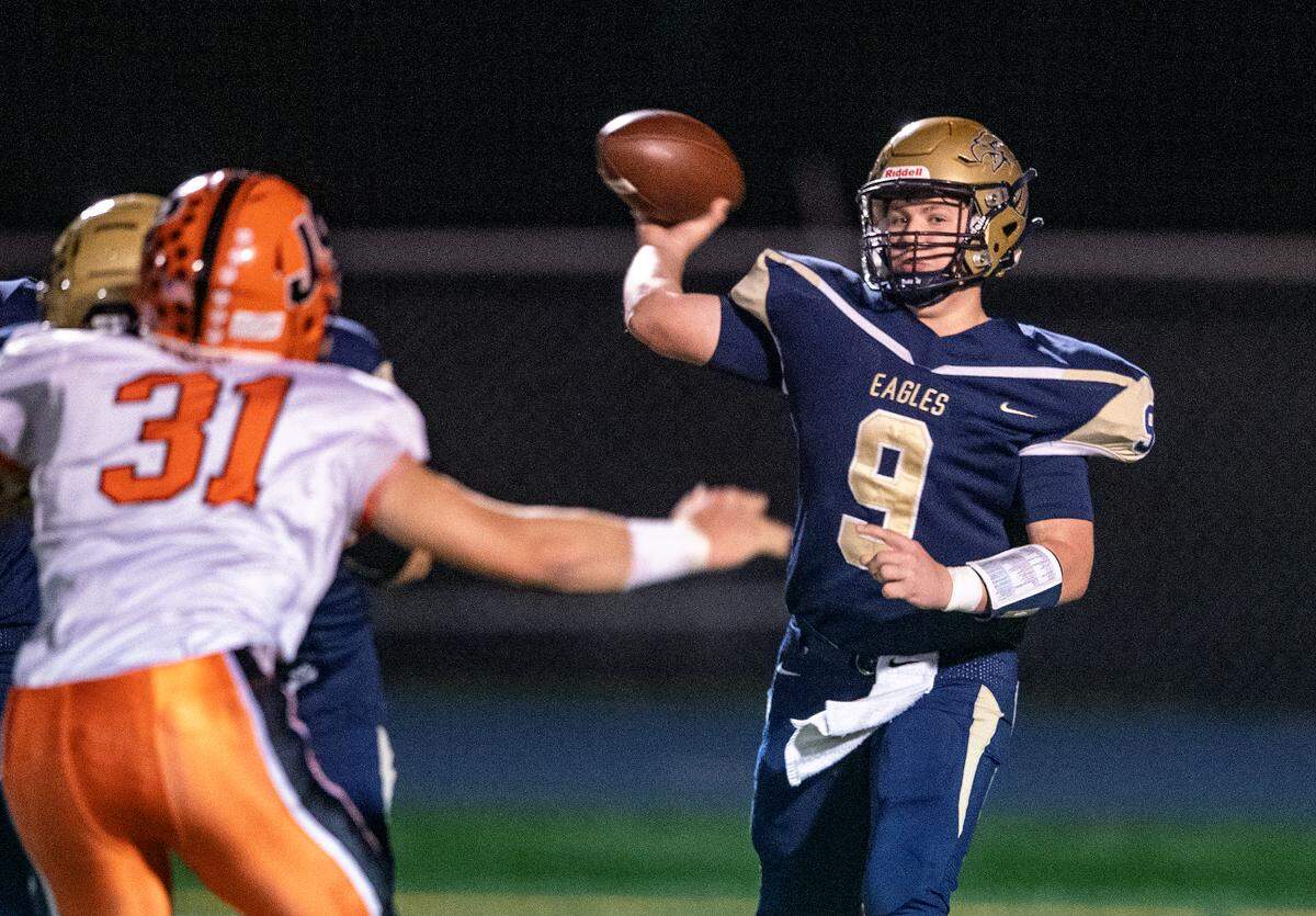 Bald Eagle Area’s Carson Nagle makes a pass during the game against Jersey Shore on Friday, Oct. 22, 2021.