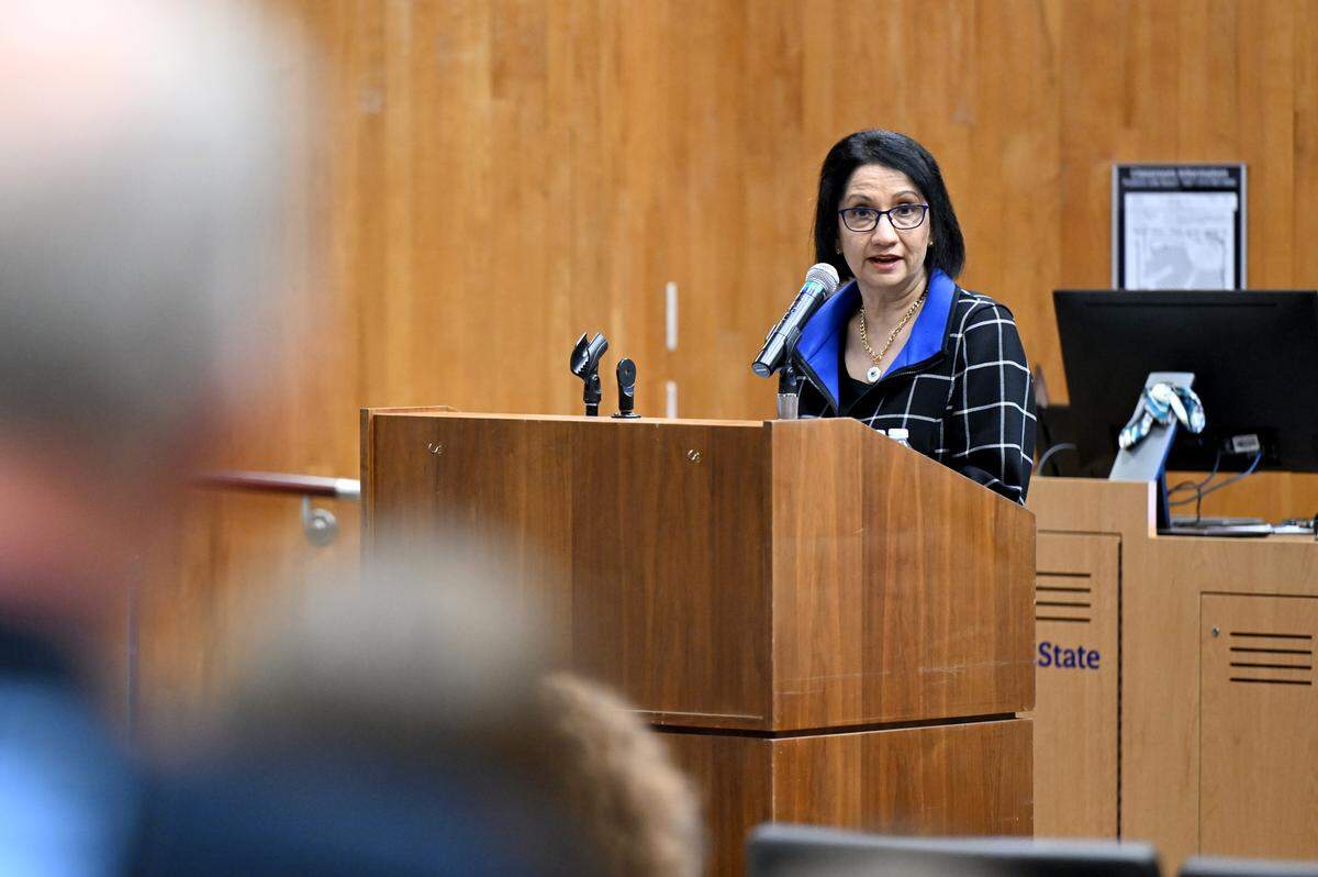 Penn State president Neeli Bendapudi speaks during the Faculty Senate meeting on Tuesday, Sept. 9, 2025.  
