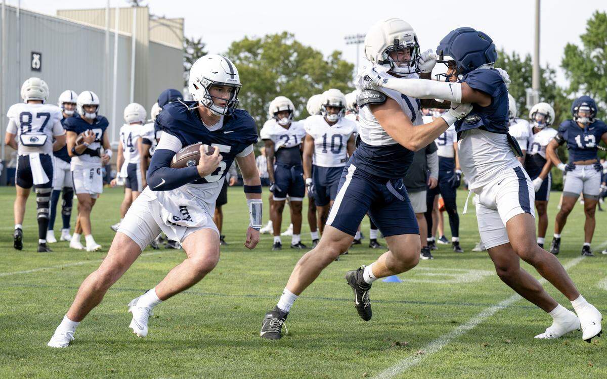 Penn State quarterback Drew Allar runs a drill during practice on Saturday, Aug. 2, 2025.
