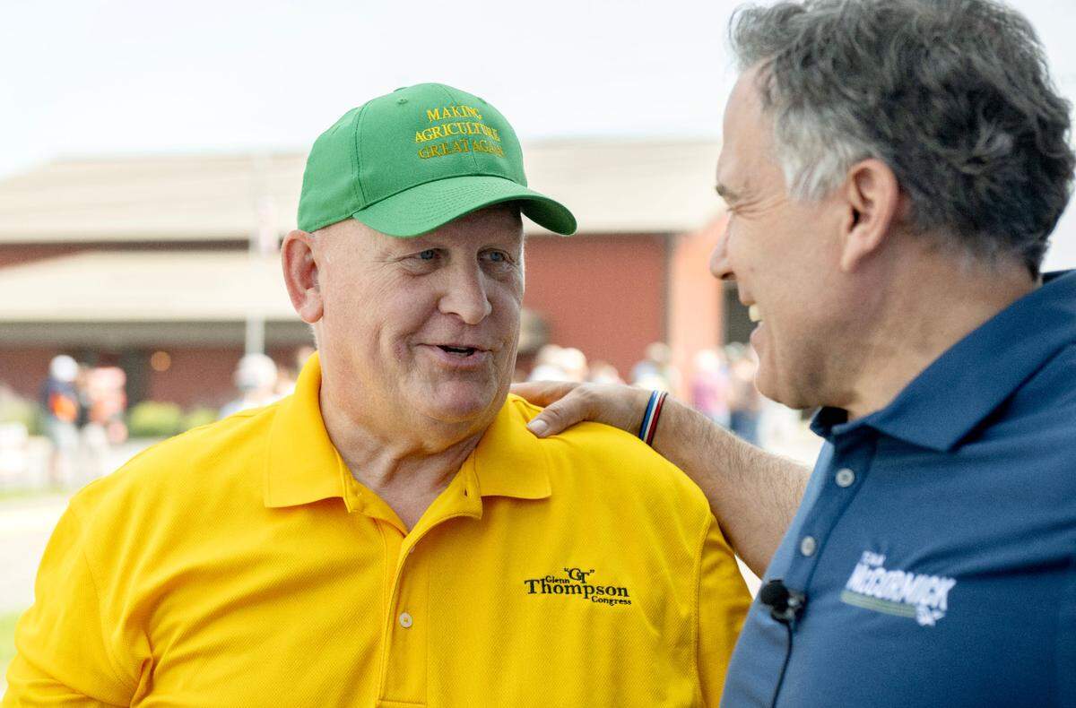 U.S. Rep. Glenn “GT” Thompson talks with Dave McCormick, who is running for U.S. Senate, during a visit to Penn State’s Ag Progress Days on Wednesday, Aug. 14, 2024.