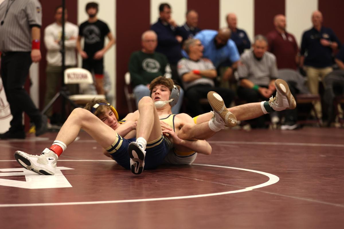 Bald Eagle Area’s Caden Judice scores nearfall points on Derry’s Anthony Mucci in their 139-pound consolation semifinals match of the PIAA Class 2A Southwest Regional on Saturday, March 2, 2024 in Altoona. Judice defeated Mucci, 8-7.