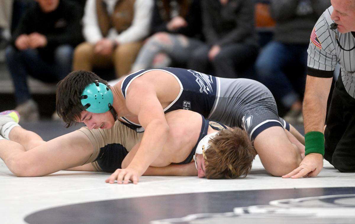 Philipsburg-Osceola’s Marcus Cable controls Bald Eagle Area’s Jeffre Pifer in the 1152 lb bout of the match on Wednesday, Dec. 21, 2022.