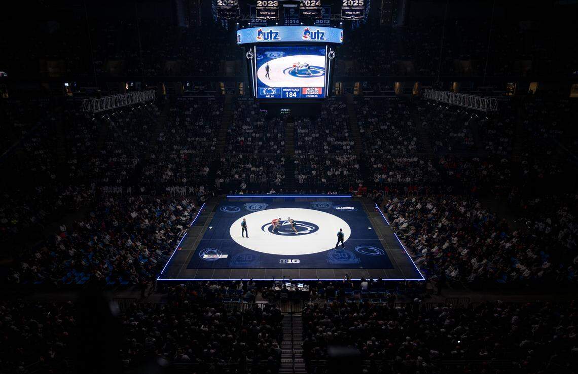 Ohio State’s Dylan Fishback and Penn State's Rocco Welsh face off in the 184 lb bout of the match on Friday, Feb. 13, 2026 in front of a sold out crowd at the Bryce Jordan Center.