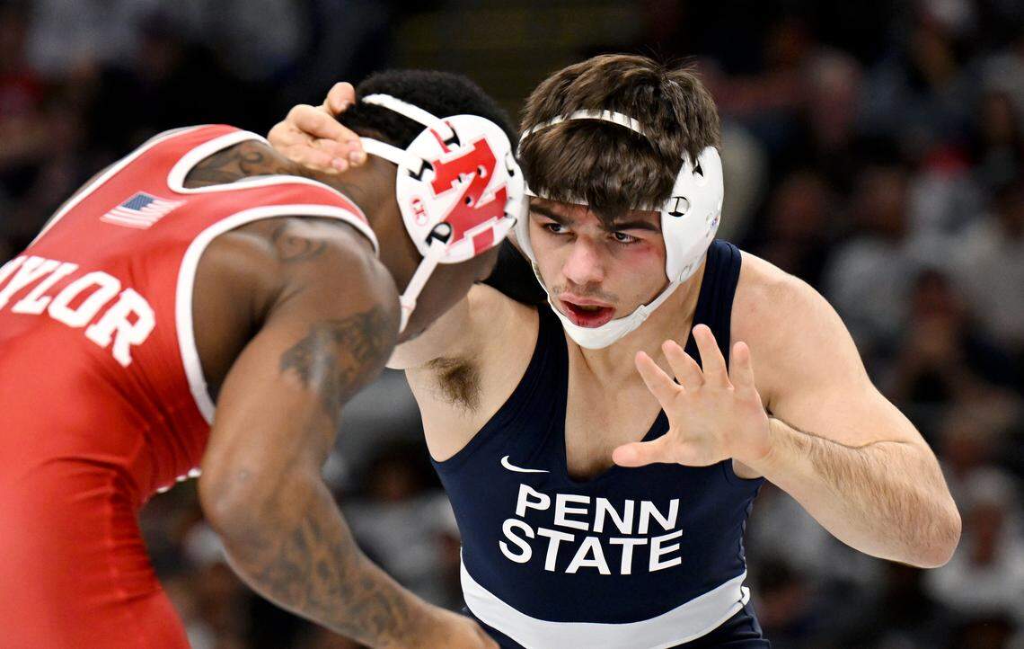 Penn State's PJ Duke wrestles Nebraskas’ Antrell Taylor in the 157-pound championship bout of the Big Ten Wrestling Championships on Sunday, March 8, 2026.