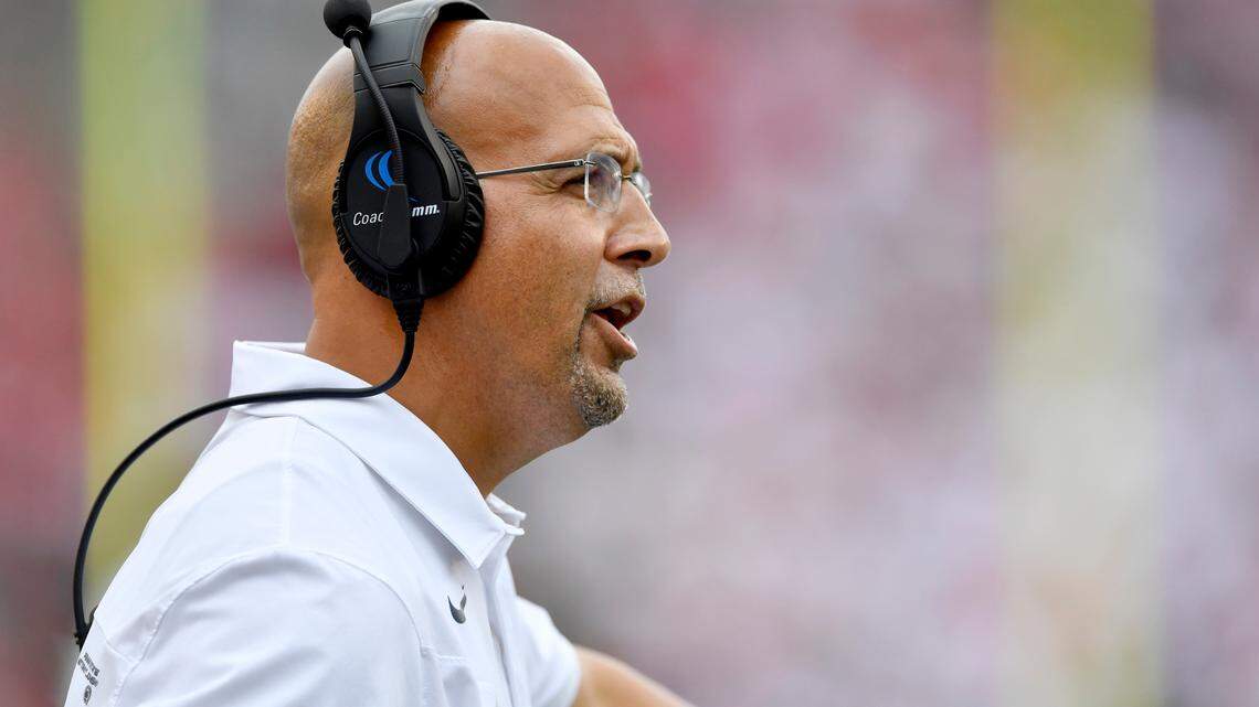 Penn State football coach James Franklin calls to the ref during the game against Wisconsin on Saturday, Sept. 4, 2021 at Camp Randall Stadium.
