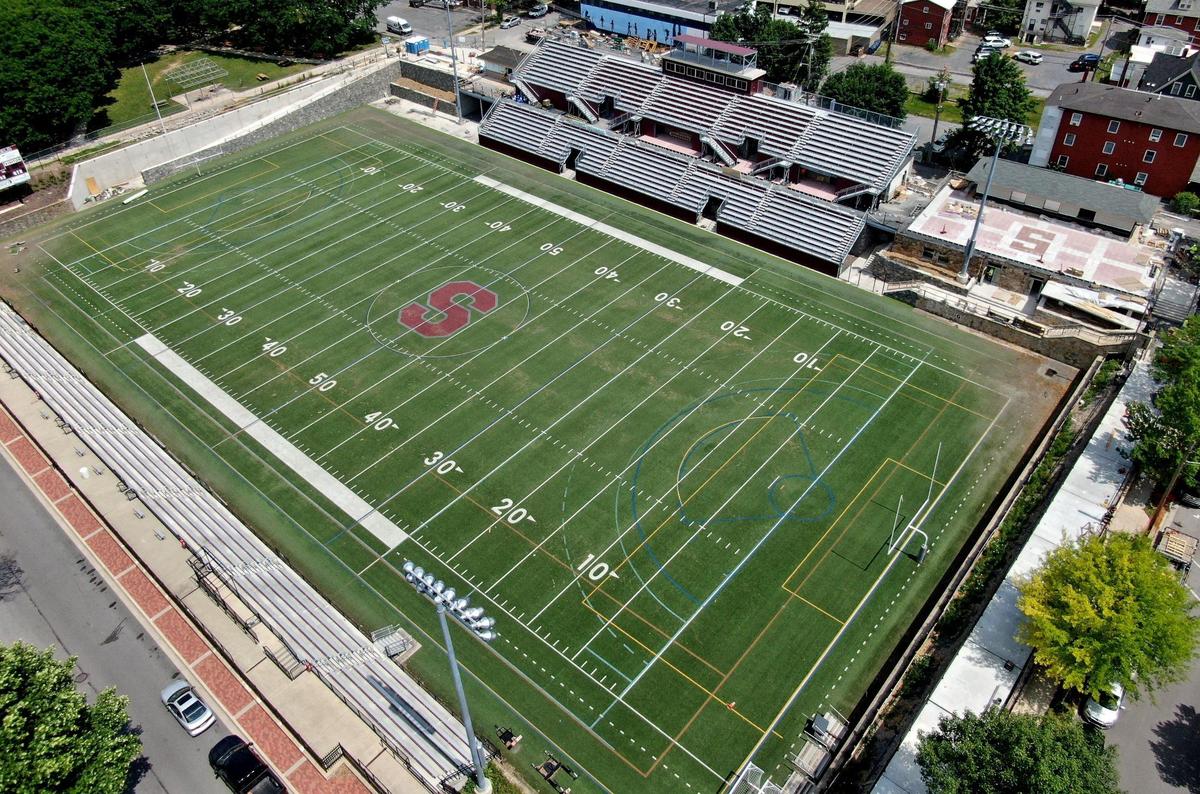 State College’s Memorial Field is pictured here in July 2020 as the school district neared completion of a major renovation project.