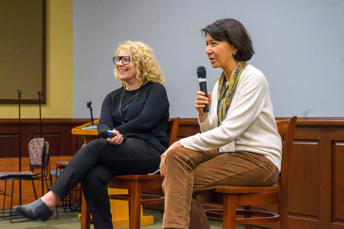 Co-founder and artistic director of the Centre Film Festival Pearl Gluck, left, is pictured at a recent pre-festival event with Jennifer Lin, the filmmaker of “About Face.”
