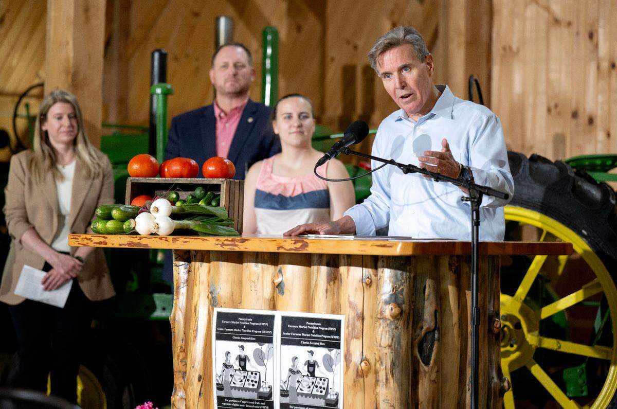 State Rep. Paul Takac speaks about how proposed federal funding cuts to the Supplemental Nutrition Assistance Program (SNAP) would negatively affect Pennsylvanians during a press conference at Wasson Farm on Wednesday, July 2, 2025.