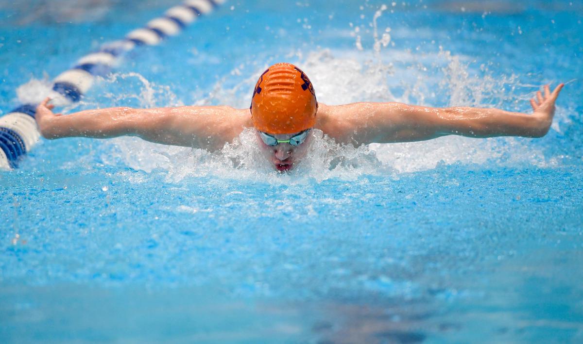 Saint Joseph’s Reece Bloom does the butterfly in the boys AA 200 IM during the District 6 swimming championships on Friday, Feb. 28, 2020.