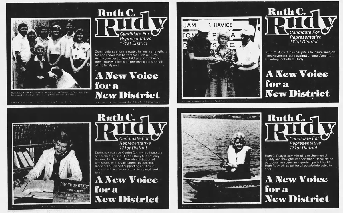 Political advertisements for Ruth Rudy in the Oct. 29, 1982 edition of the Centre Daily Times. Rudy served the 171st district in the Pennsylvania House of Representatives from 1982 through 1996. She died March 28, 2025.