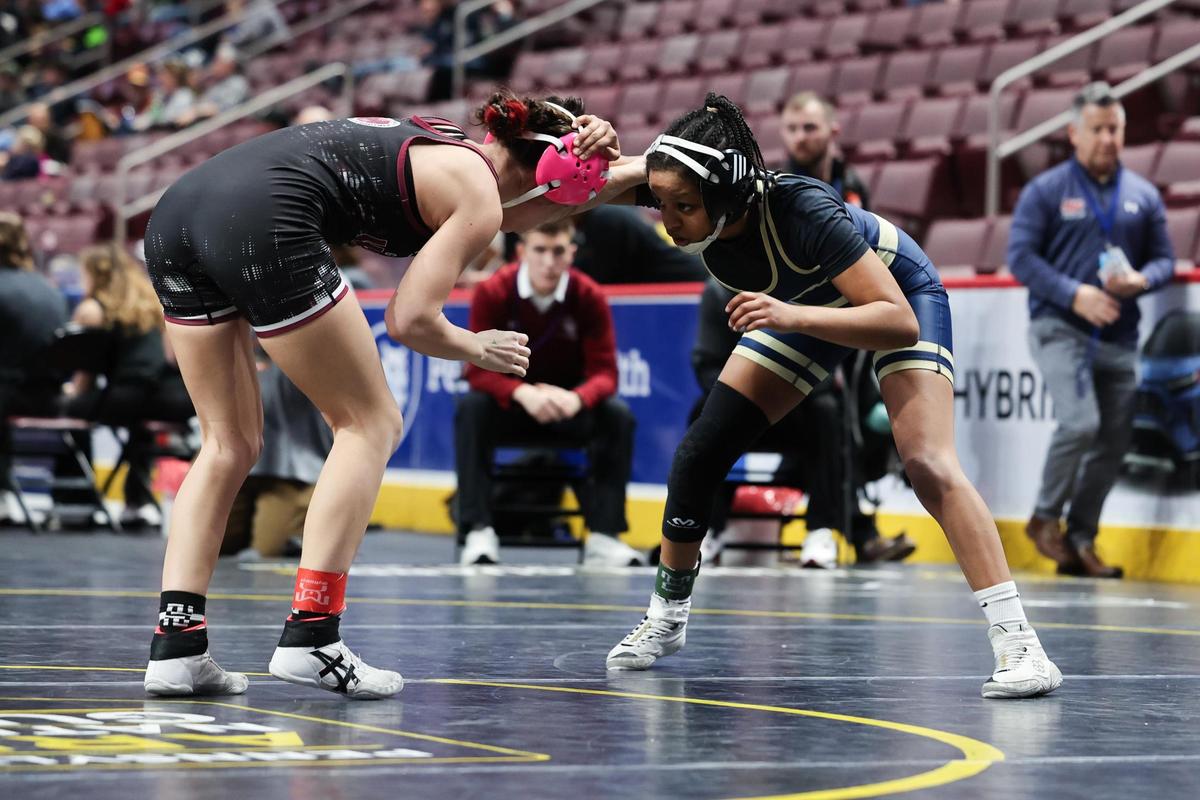Bald Eagle Area’s Eden Eveleth looks for an opening on Garnet Valley’s Reese Dewar in their 106-pound PIAA girls first round match on Thursday, March 7, 2024 at the Giant Center in Hershey.