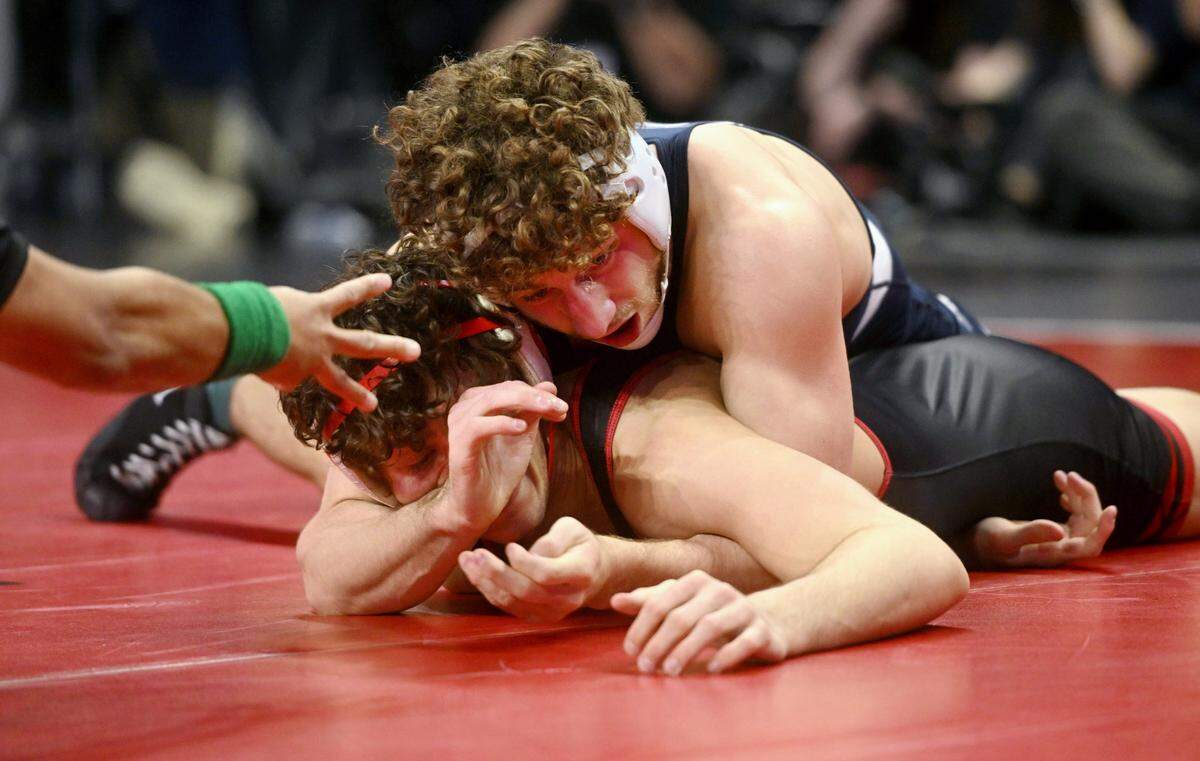 Penn State’s Mitchell Mesenbrink controls Wisconsin’s Dean Hamiti in the 165 lb championship bout of the Big Ten Wrestling tournament at the Xfinity Center at the University of Maryland on Sunday, March 10, 2024.