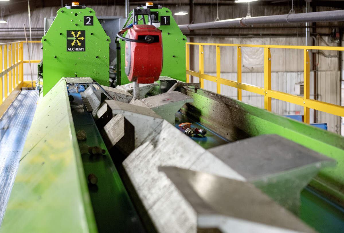 A burst of air helps separate different types of plastics on the Alchemy artificial intelligence sorting system at the Centre County Recycling and Refuse Authority on Tuesday, July 7, 2026.