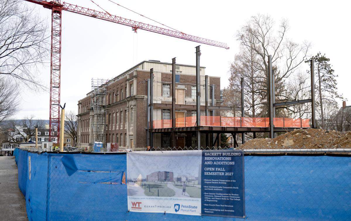 Crews work on the renovations and addition to the Sackett Building on the Penn State campus on Monday, Dec. 22, 2025. 