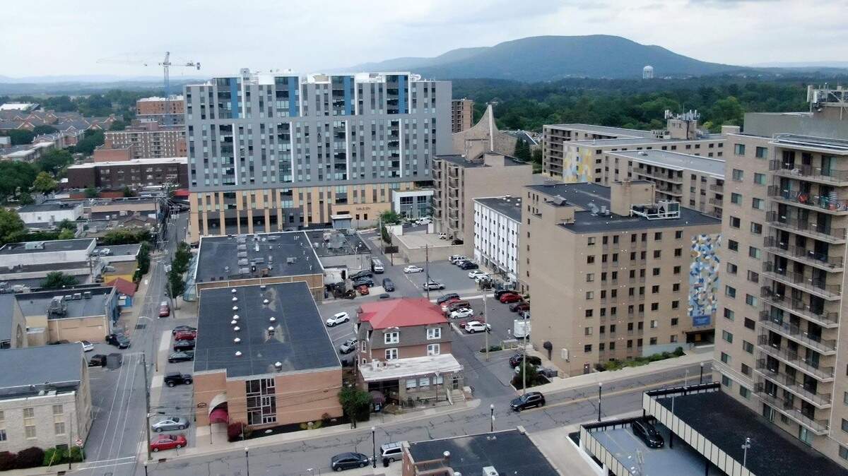 An aerial look at some of the high rises of downtown State College on Wednesday, July 27, 2022.  