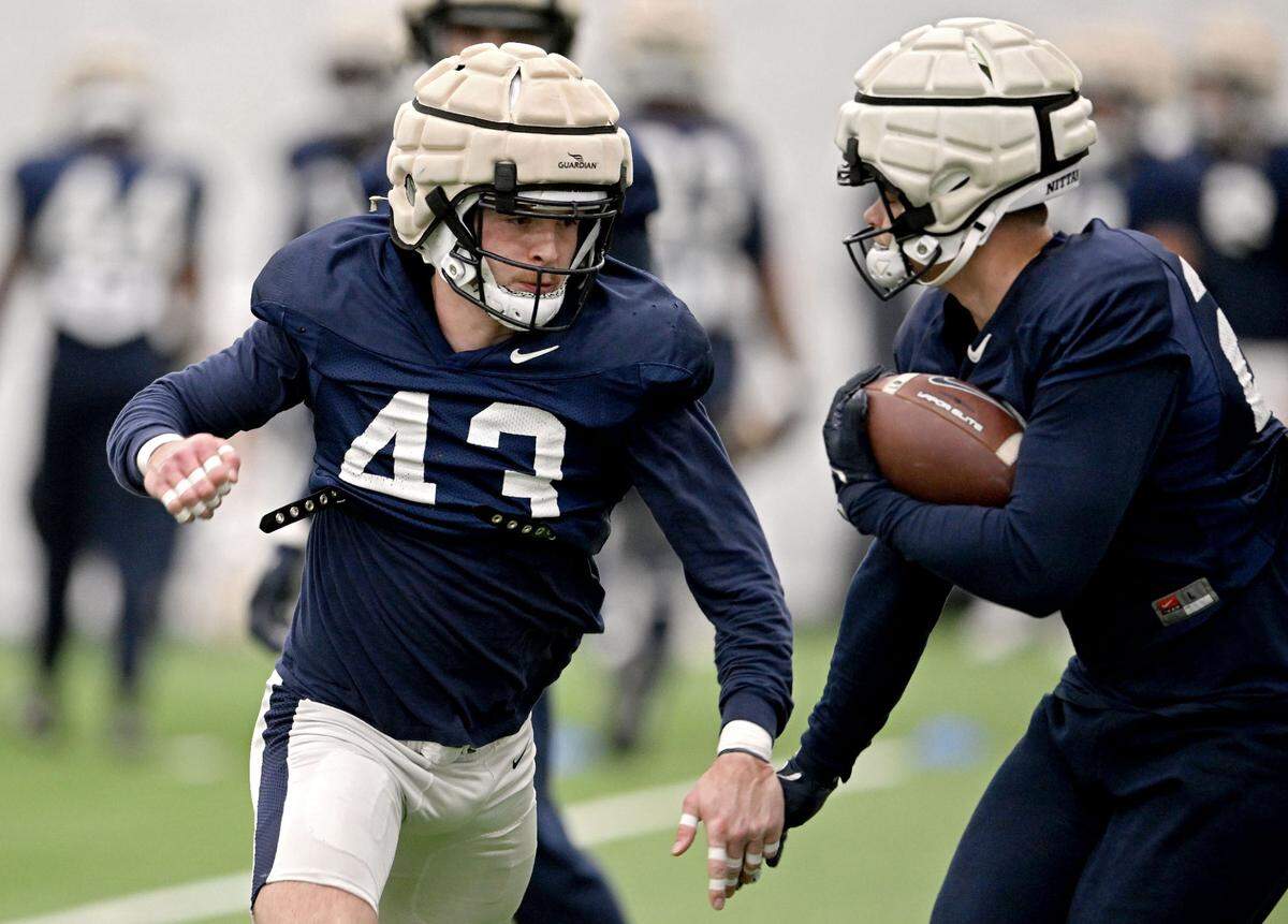 Penn State linebacker Tyler Elsdon runs a drill during practice on Friday, Dec. 27, 2024 at Holuba Hall as the team prepares to travel to Arizona for the Fiesta Bowl.