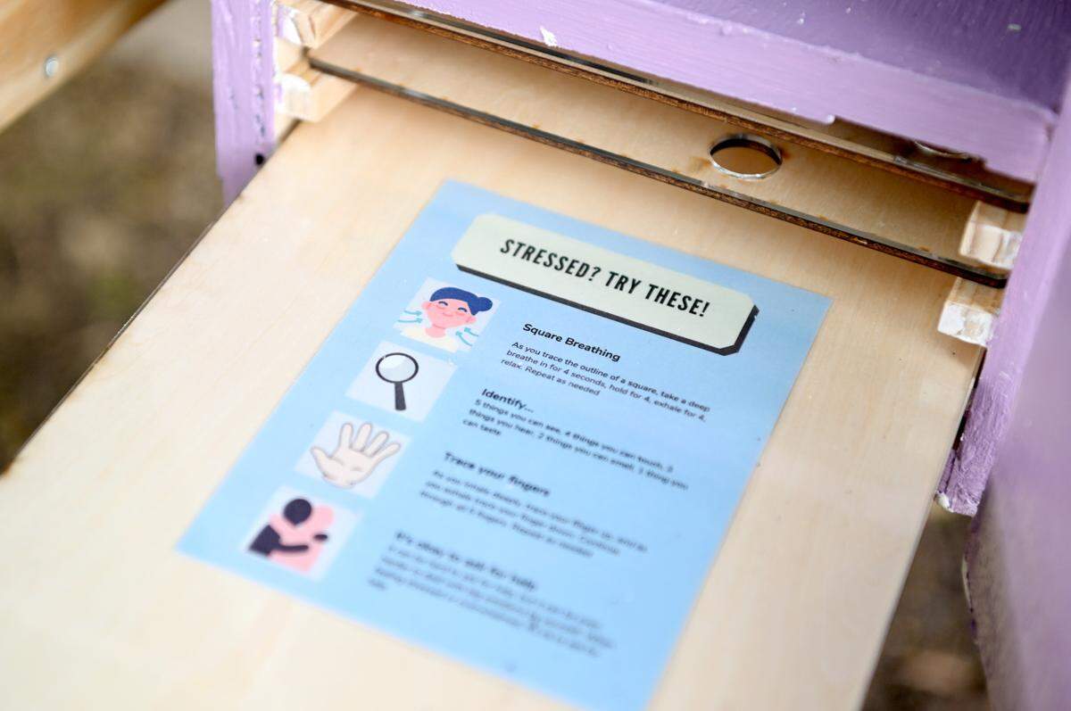 Pull out drawers offer mental health tips and QR codes to visitors of the Tranquility Station at Sidney Friedman Park. The Reach Club from the Jana Maria Foundation created the station.