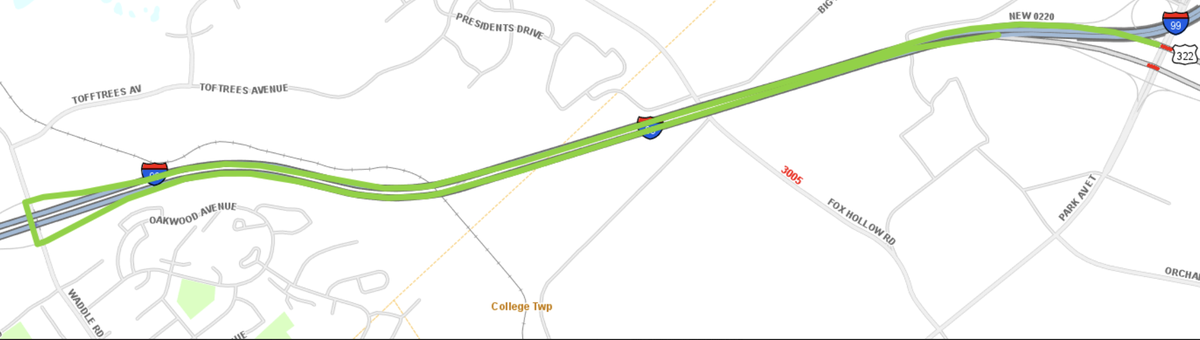This map shows a detour that will be in place when the right lane of Route 322 westbound near the Innovation Park/Penn State University exit, and the off-ramp, is closed.