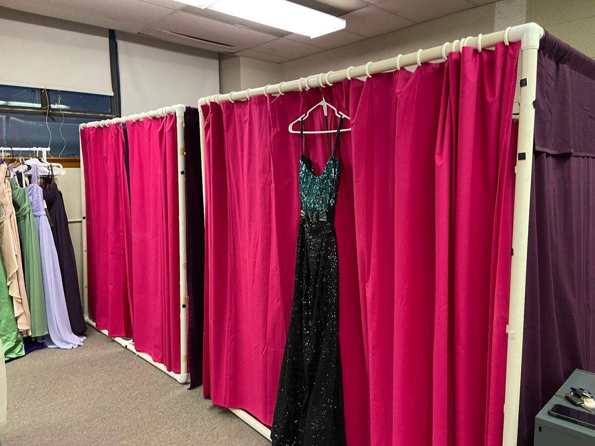 Dressing rooms are set up in the Fairmount Building, built by students for the Prom Attire Event.