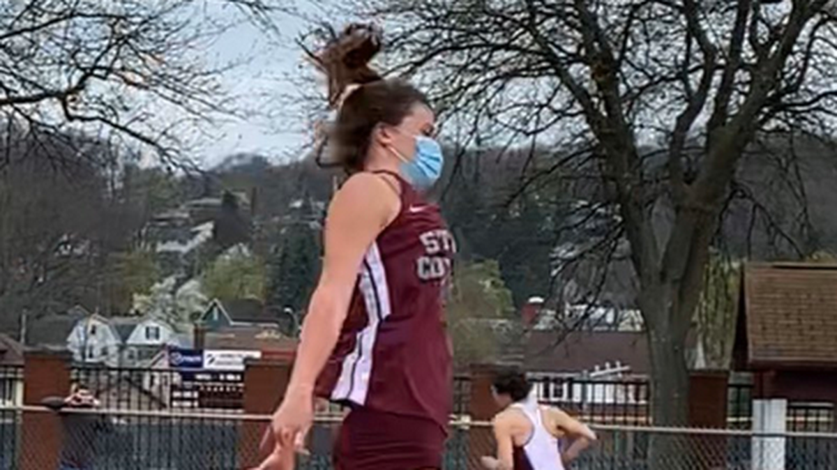 State College’s Shannon Mullin competes at a track meet in Altoona, April 10, 2021.