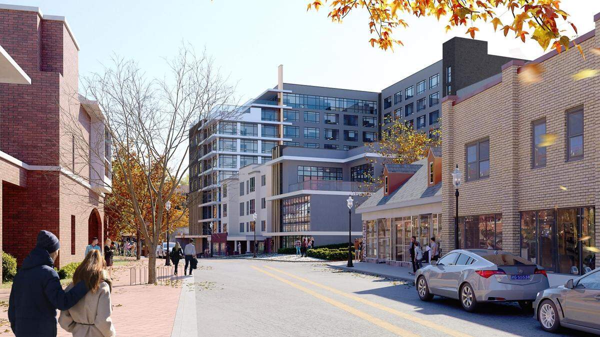 A rendering of the proposed new building while looking east on South Allen Street.