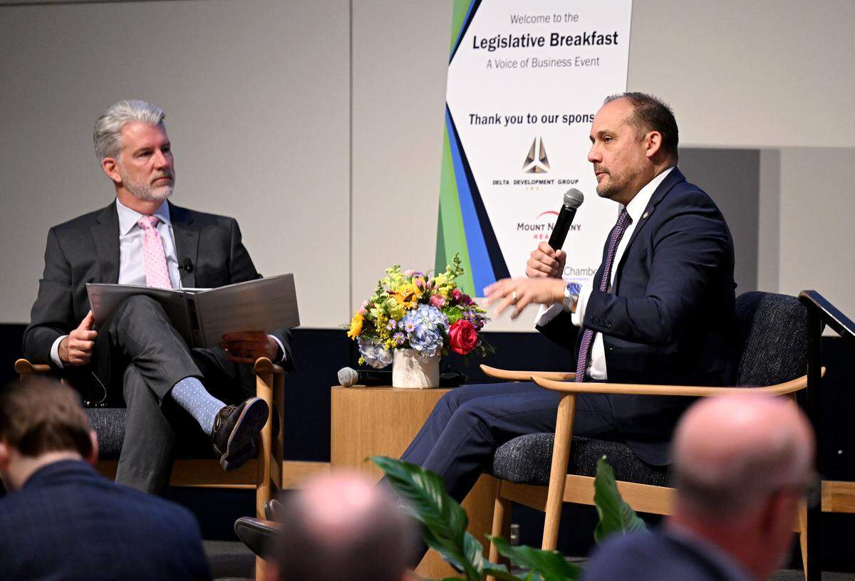 State Sen. Wayne Langerholc answers a question from CBICC President and CEO Greg Scott during the CBICC annual Legislative Breakfast on Tuesday, April 7, 2026.  