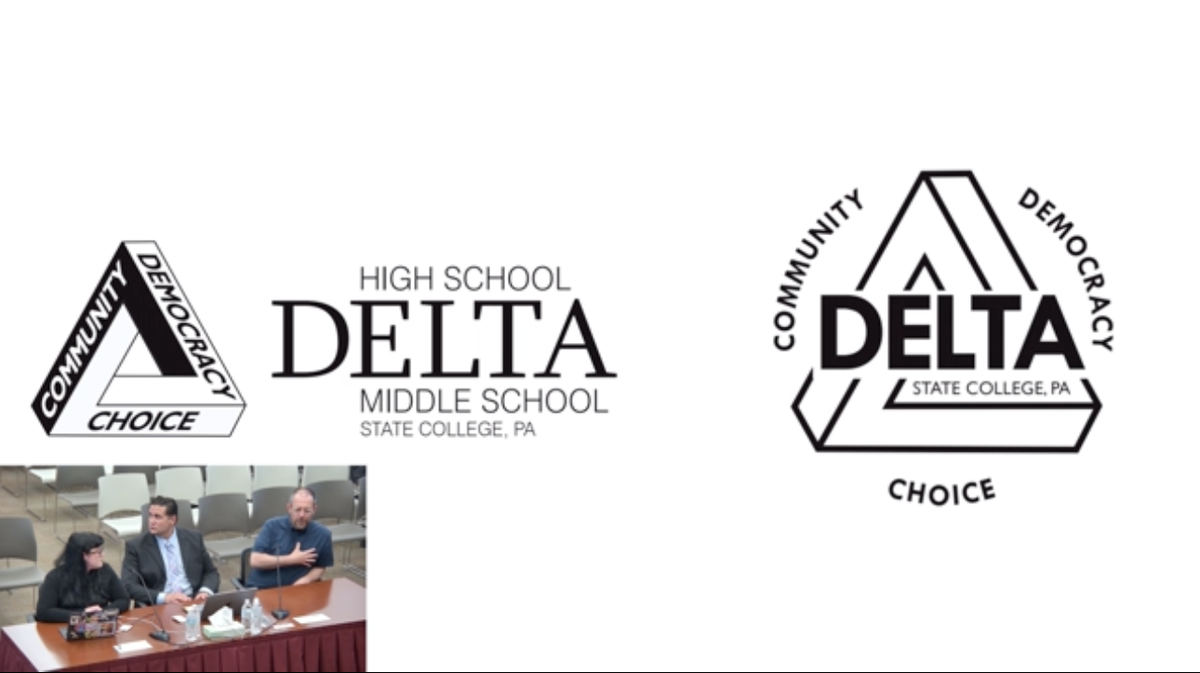 Kristen “Dot” Burnett, assistant superintendent Jonathan Bucher and Peter Aeschbacher present Delta’s new logos at a State College Area School District Board of Directors meeting on July 21, 2025. The formal logo and wordmark are on the left, while the informal logo is on the right.